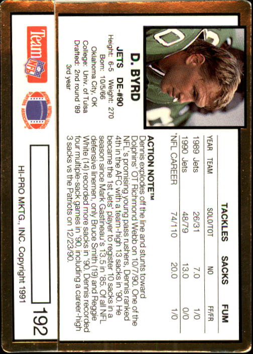 1991 Stadium Club #133 Dennis Byrd New York Jets