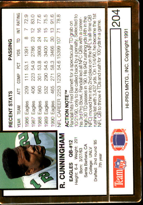 1991 Action Packed #204 Randall Cunningham back image