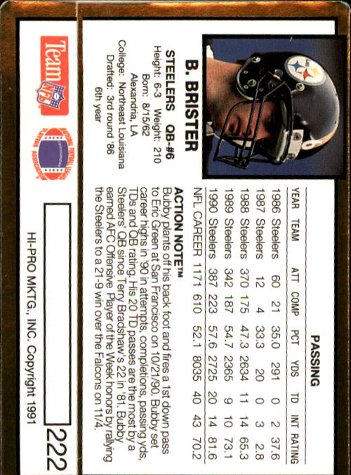 1991 Action Packed #222 Bubby Brister back image
