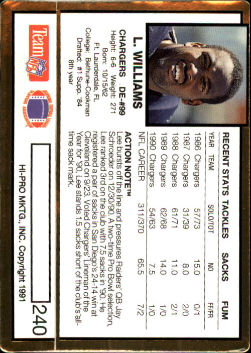 1991 Action Packed #240 Lee Williams back image