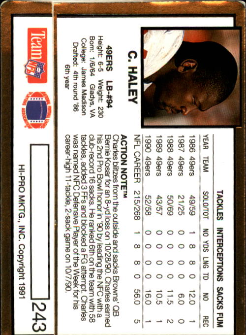 1991 Action Packed #243 Charles Haley back image