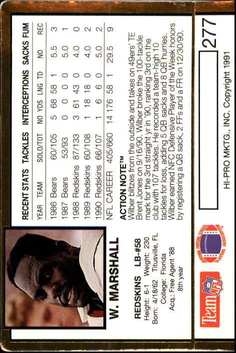 1991 Action Packed #277 Wilber Marshall back image