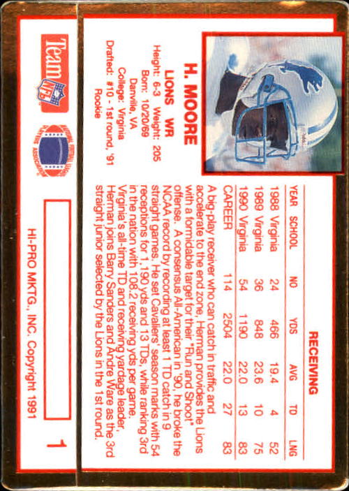 1991 Action Packed Rookie Update #1 Herman Moore RC back image