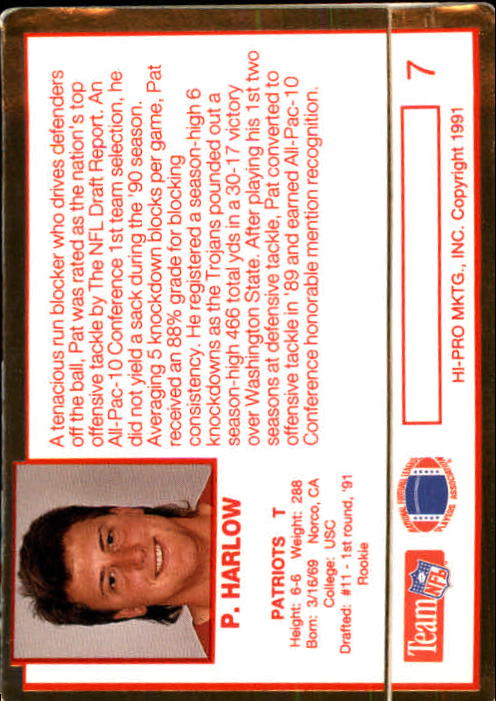 1991 Action Packed Rookie Update #7 Pat Harlow RC back image