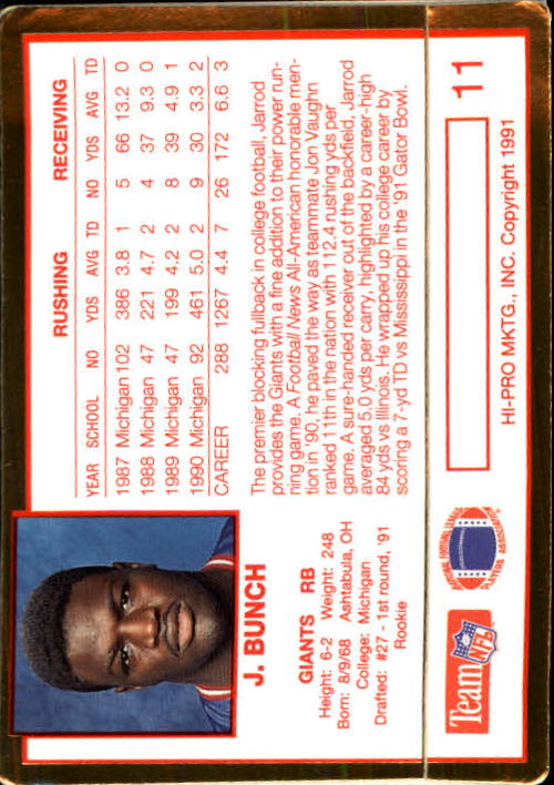 1991 Action Packed Rookie Update #11 Jarrod Bunch RC back image