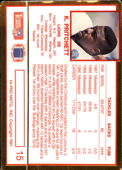 1991 Action Packed Rookie Update #15 Kelvin Pritchett RC back image