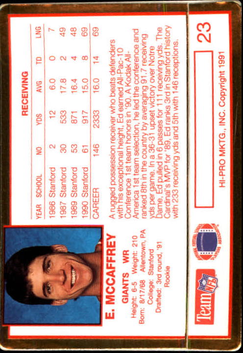 1991 Action Packed Rookie Update #23 Ed McCaffrey RC back image