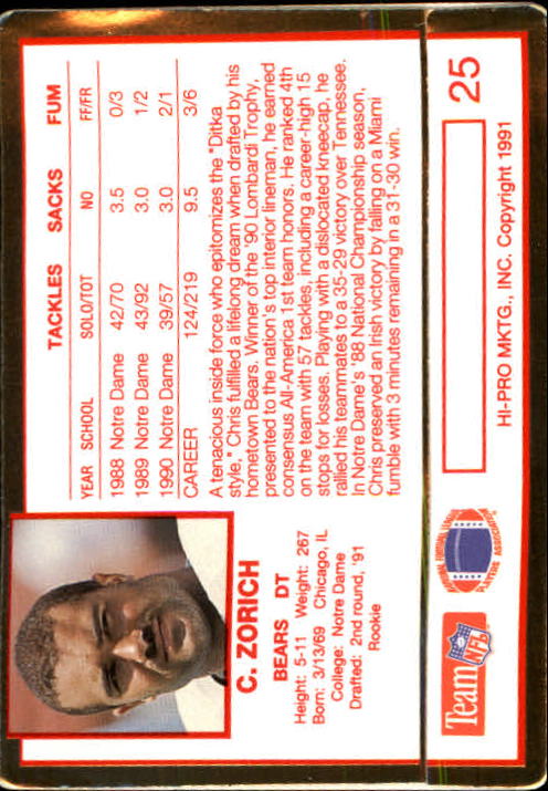 1991 Action Packed Rookie Update #25 Chris Zorich RC back image