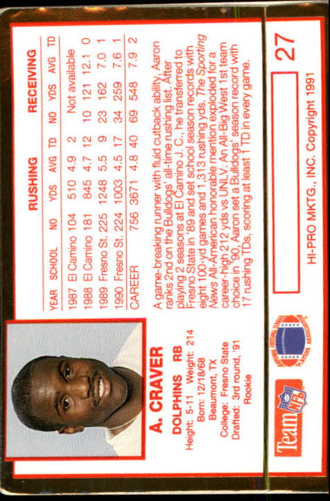 1991 Action Packed Rookie Update #27 Aaron Craver RC back image
