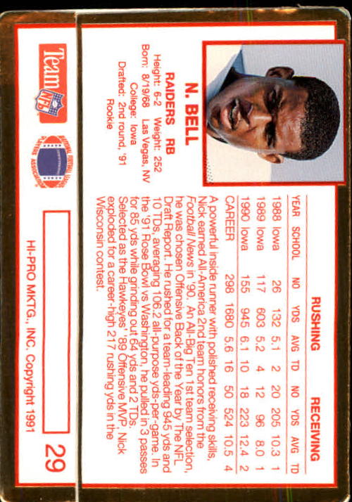 1991 Action Packed Rookie Update #29 Nick Bell RC back image