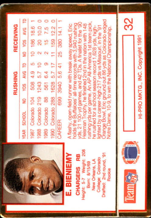 1991 Action Packed Rookie Update #32 Eric Bieniemy RC back image