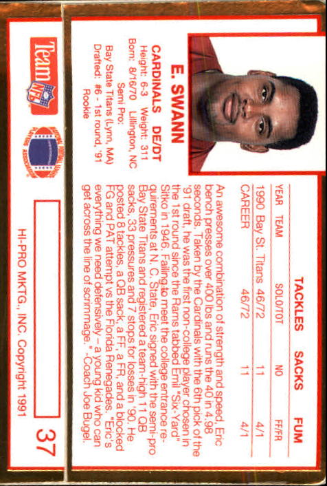 1991 Action Packed Rookie Update #37 Eric Swann RC back image