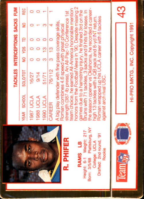 1991 Action Packed Rookie Update #43 Roman Phifer RC back image