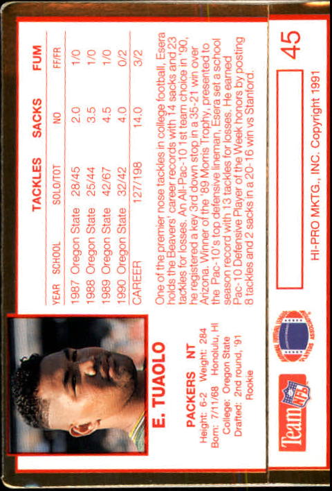 1991 Action Packed Rookie Update #45 Esera Tuaolo RC back image