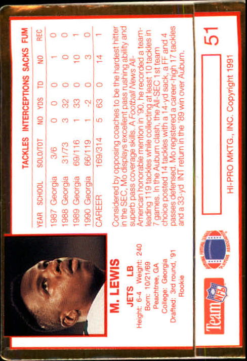 1991 Action Packed Rookie Update #51 Mo Lewis RC back image