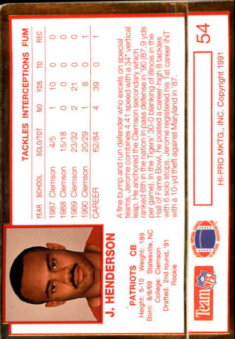 1991 Action Packed Rookie Update #54 Jerome Henderson RC back image
