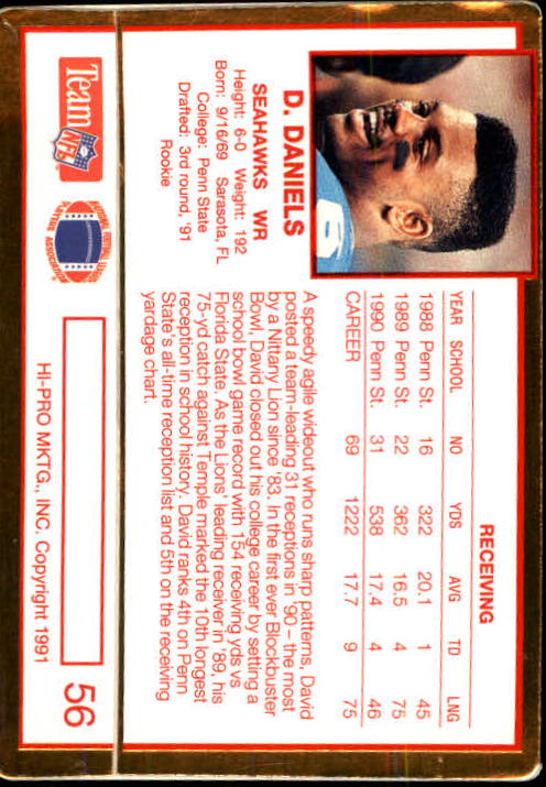 1991 Action Packed Rookie Update #56 David Daniels RC back image