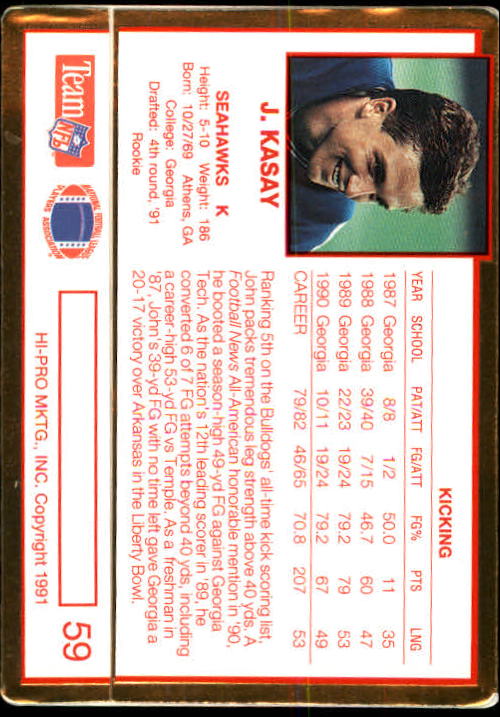 1991 Action Packed Rookie Update #59 John Kasay RC back image