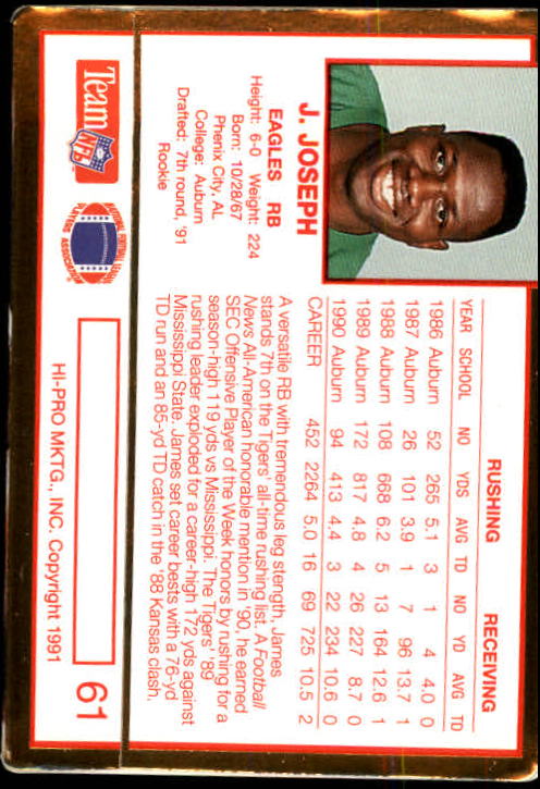 1991 Action Packed Rookie Update #61 James Joseph RC back image