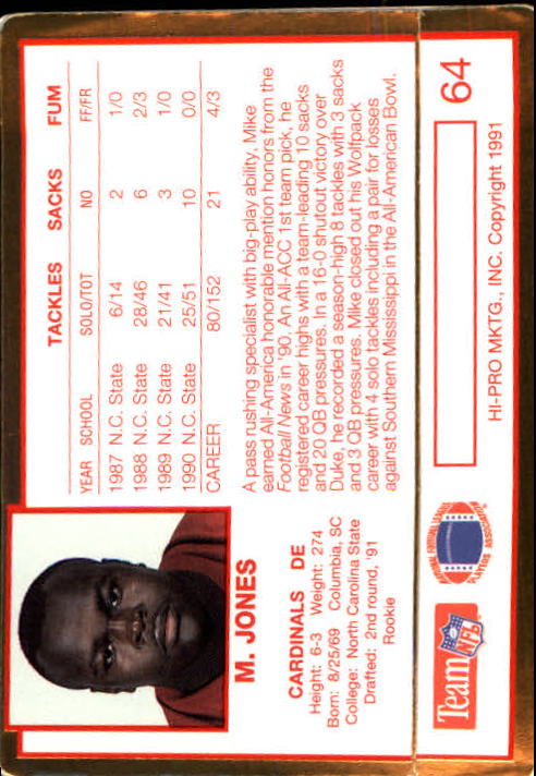 1991 Action Packed Rookie Update #64 Mike Jones DE RC back image
