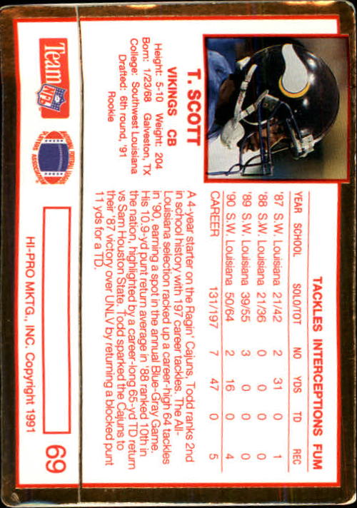 1991 Action Packed Rookie Update #69 Todd Scott RC back image