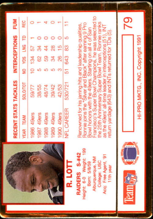 1991 Action Packed Rookie Update #79 Ronnie Lott back image