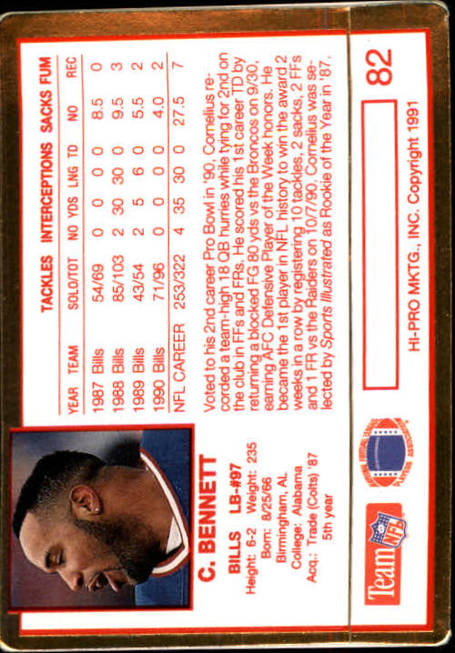 1991 Action Packed Rookie Update #82 Cornelius Bennett back image