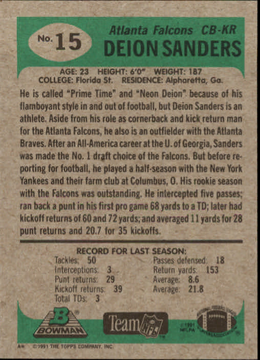 1991 Bowman #15 Deion Sanders back image