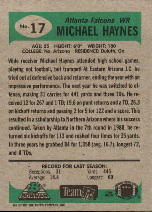 1991 Bowman #17 Michael Haynes back image