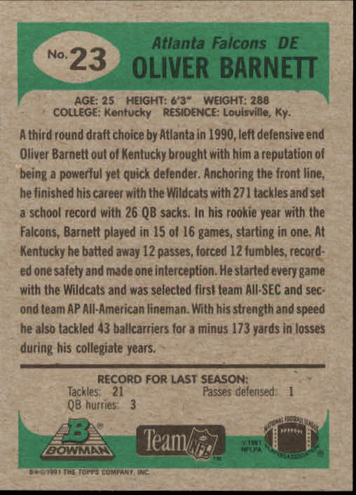 1991 Bowman #23 Oliver Barnett back image