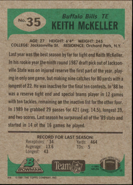 1991 Bowman #35 Keith McKeller back image
