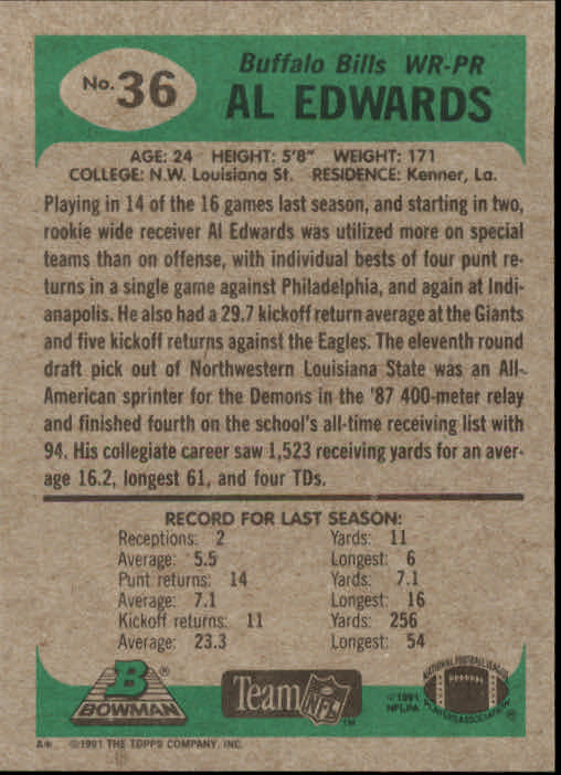 1991 Bowman #36 Al Edwards back image