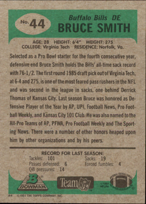 1991 Bowman #44 Bruce Smith back image