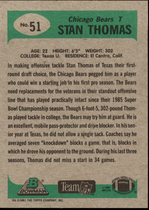 1991 Bowman #51 Stan Thomas back image