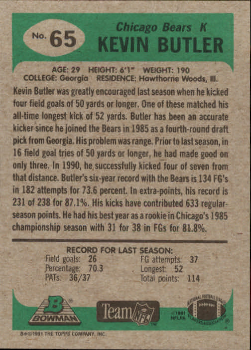 1991 Bowman #65 Kevin Butler back image