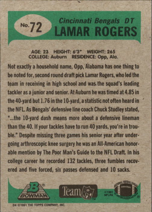 1991 Bowman #72 Lamar Rogers RC back image