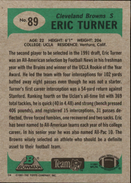1991 Bowman #89 Eric Turner RC back image