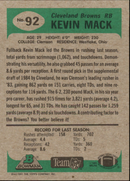 1991 Bowman #92 Kevin Mack UER back image