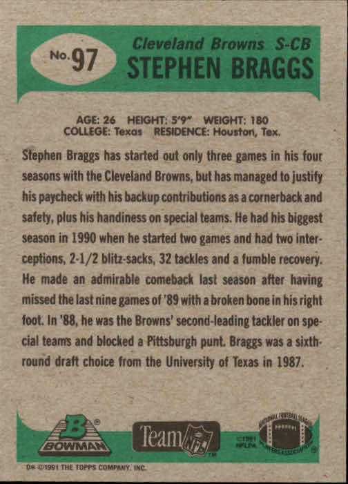 1991 Bowman #97 Stephen Braggs back image
