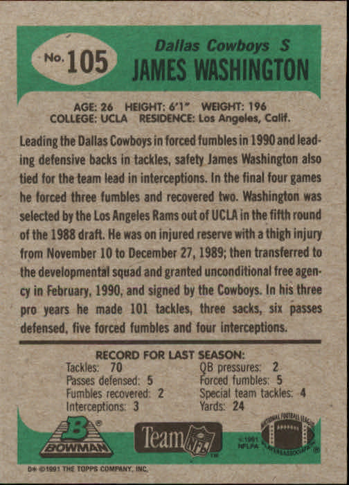 1991 Bowman #105 James Washington RC back image