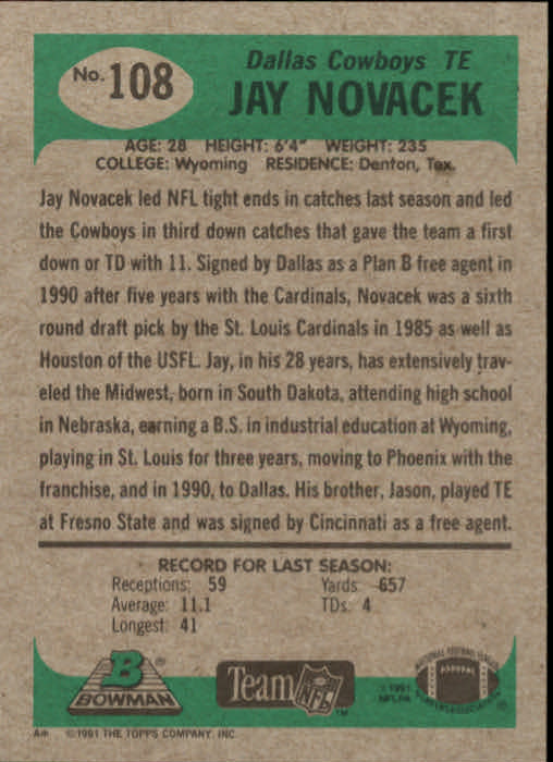 1991 Bowman #108 Jay Novacek back image