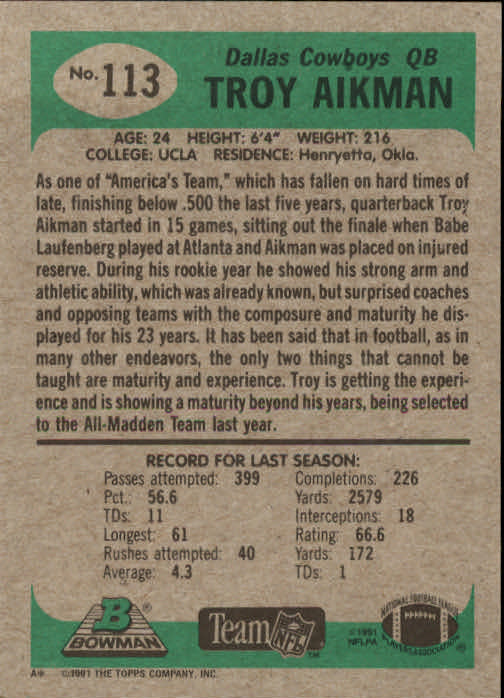 1991 Bowman #113 Troy Aikman back image