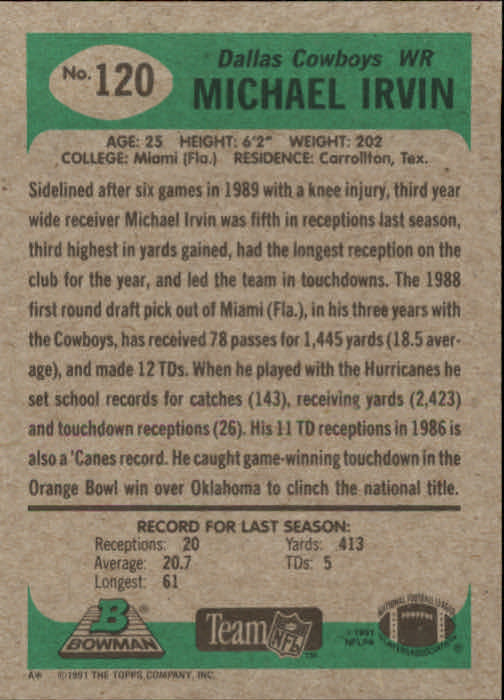 1991 Bowman #120 Michael Irvin back image