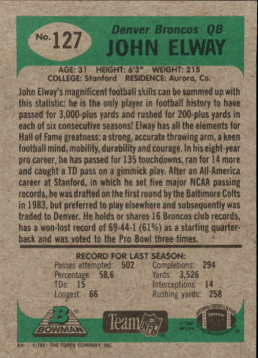 1991 Bowman #127 John Elway back image