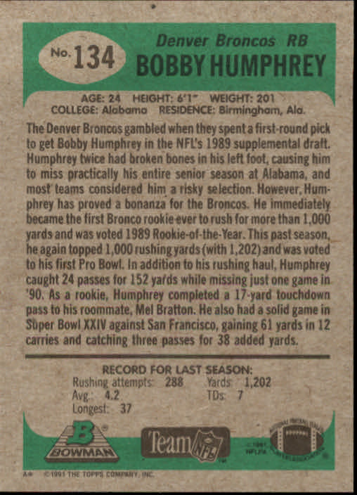 1991 Bowman #134 Bobby Humphrey back image