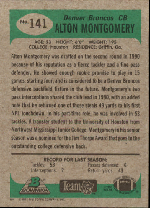 1991 Bowman #141 Alton Montgomery back image