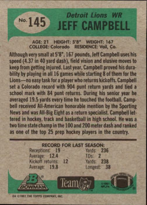 1991 Bowman #145 Jeff Campbell back image