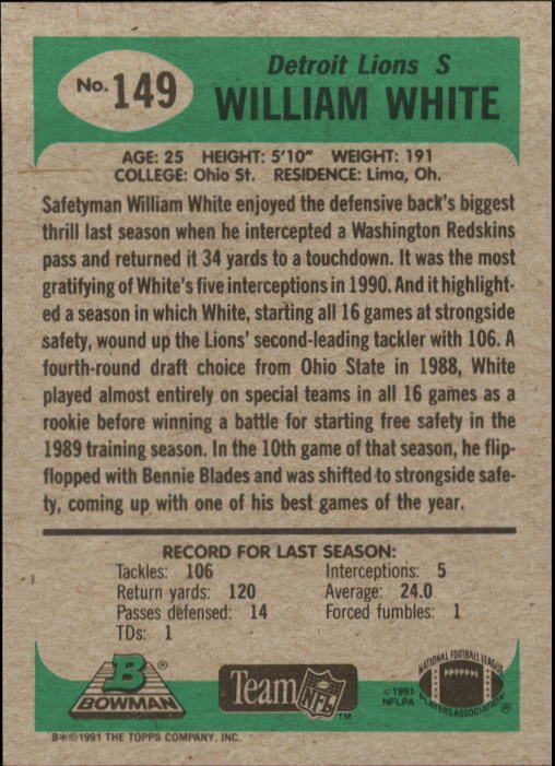 1991 Bowman #149 William White back image