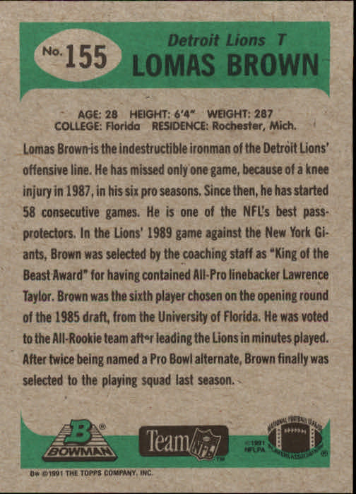 1991 Bowman #155 Lomas Brown back image