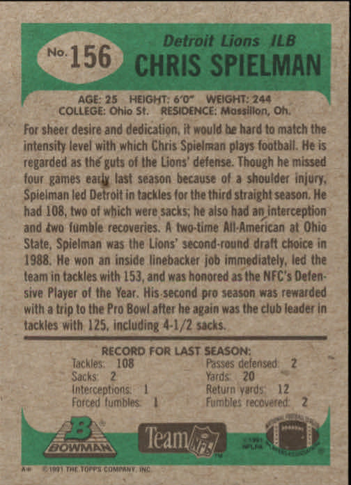 1991 Bowman #156 Chris Spielman back image
